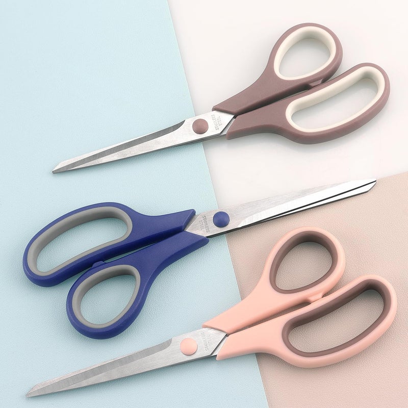LONGKEY Scissors 8.5 Inch scissors all purpose Bulk Set of 3, Scissors for Office Home School Craft Supplies, Soft Comfort-Grip Right/Left Hand, Navy Blue, Pink, Brown - Image 5